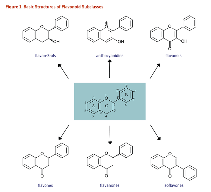 Figure 1. Basic Structures of Flavonoid Subclasses: flavan-3-ols, anthocyanidins, flavonols, flavones, flavanones, and isoflavones.