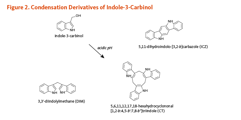 Figure 2. Condensation Derivatives of Indole-3-Carbinol: 3,3'-diindolylmethane (DIM), 5,6,11,12,17,18-hexahydrocyclononal [1,2-b:4,5-b':7,8-b"]triindole (CT), and 5,11-dihydroindolo-[3,2-b]carbazole (ICZ)