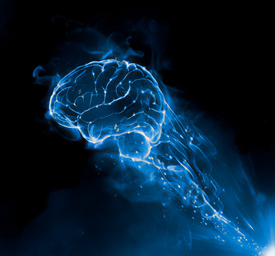 Bright blue, stylized brain with a fluid, trailing motion effect