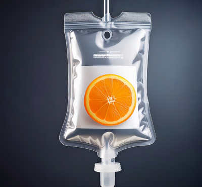 clear IV bag with a sliced orange representing vitamin C