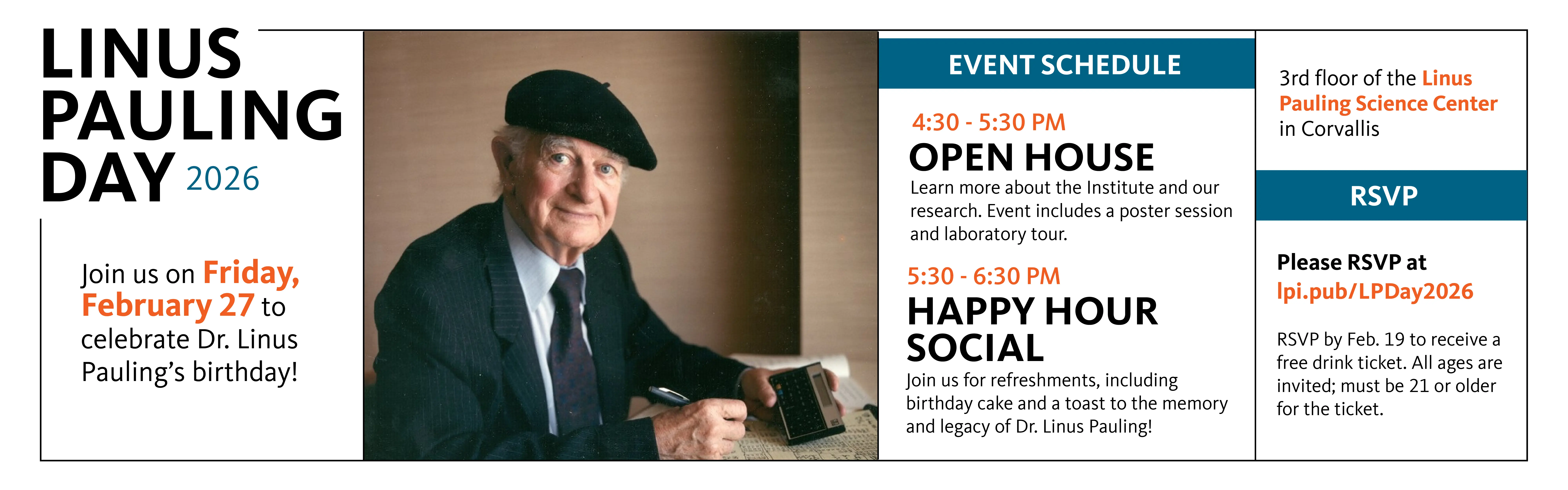 Linus Pauling Day celebration announcement for 4:30-6:30 pm PST for February 27, 2026