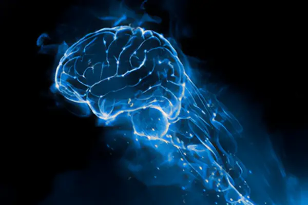 Bright blue, stylized brain with a fluid, trailing motion effect