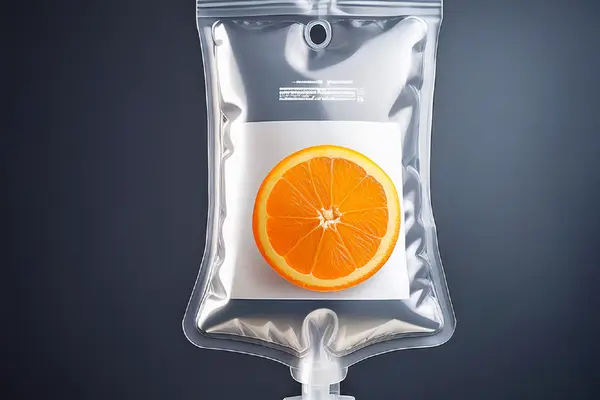 clear IV bag with a sliced orange representing vitamin C